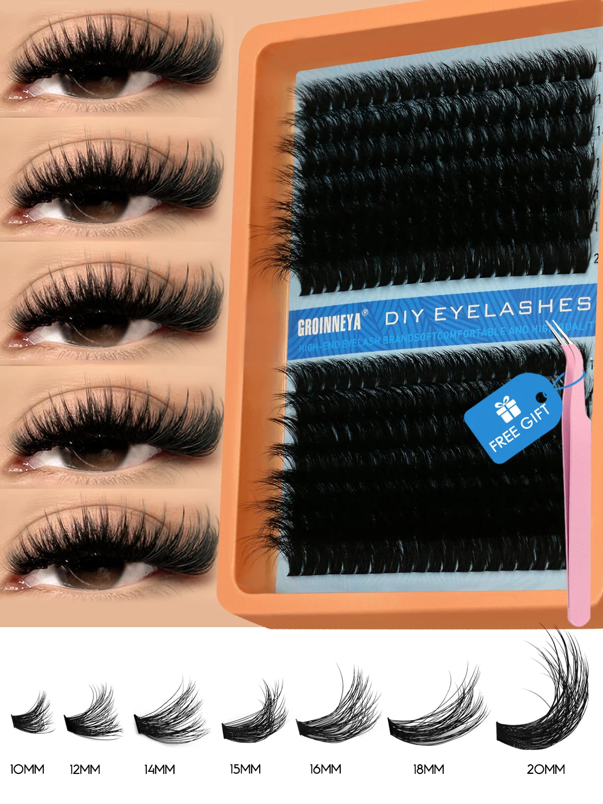 GROINNEYA Cluster Lashes Kit Individual Lashes Volume Mixed Tray 3D Faux Mink Lashes Wispy Eyelash Extension Makeup