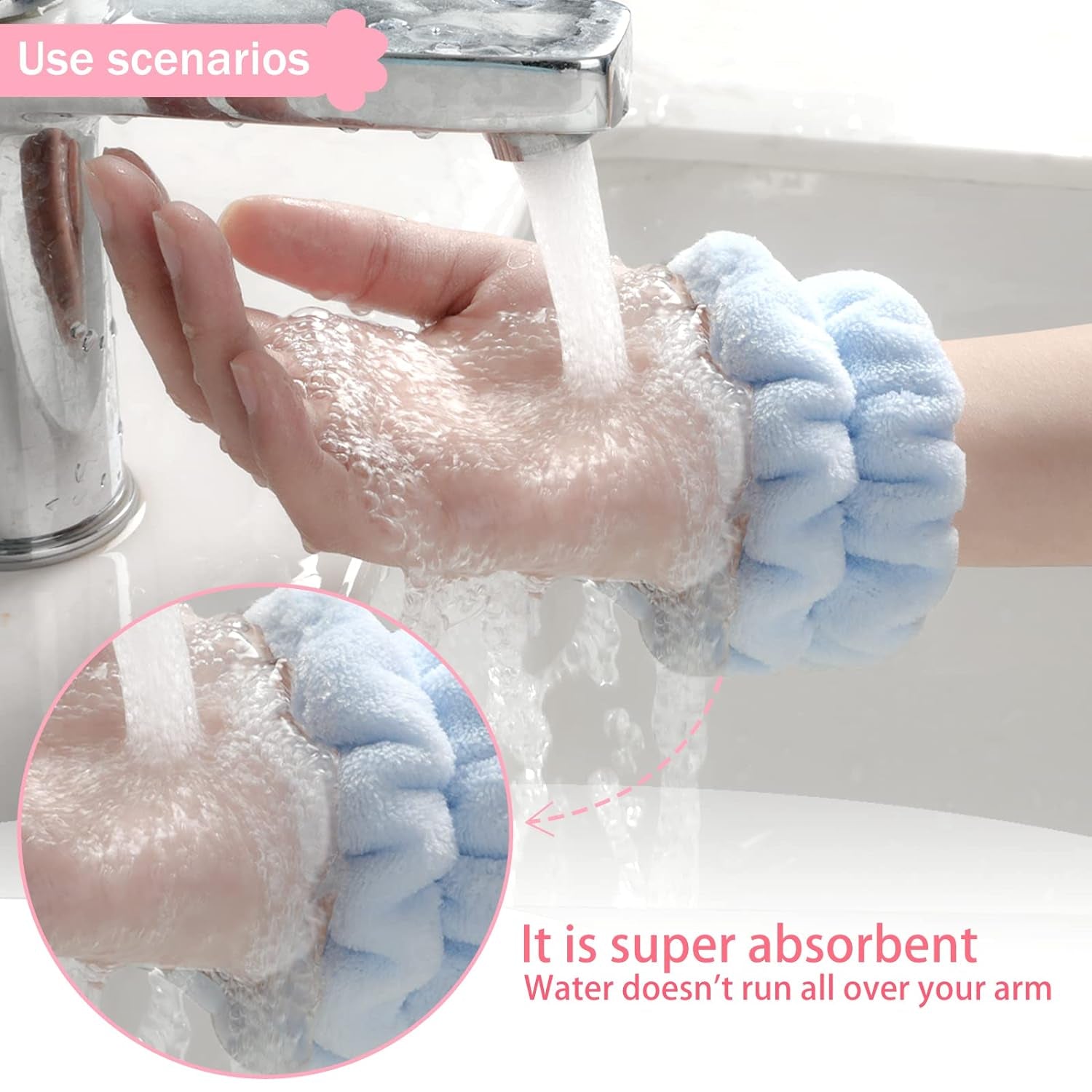 2Pcs Wrist Bands for Washing Face, Face Washing Wristbands, Arm Wrist Towels for Washing Face, Spa Face Wash Wristbands, Absorbent Wristbands for Washing Your Face, Stretchy Wrist Wash Bands